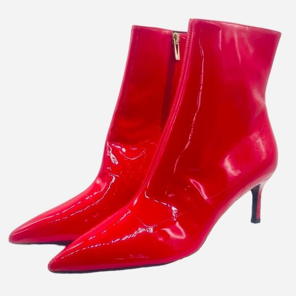 NEW Via Spiga 7 Baronne Pointed Toe Kitten Heel Booties Patent Leather Tango Red - Picture 5 of 9